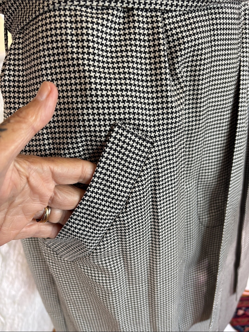 H&M Houndstooth Belted Trench Coat Dress Stand Up Collar - Size 14 - Picture 8 of 10